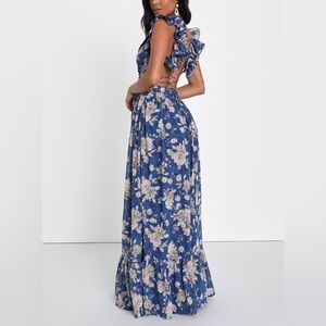 Lulus Soiree Celebration Blue Floral Ruffled Lace-Up Maxi Dress